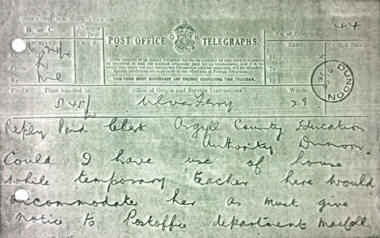 A photo of the telegram about remaining in the schoolhouse in 1925 A thumbnail of a telegram sent in October 1925